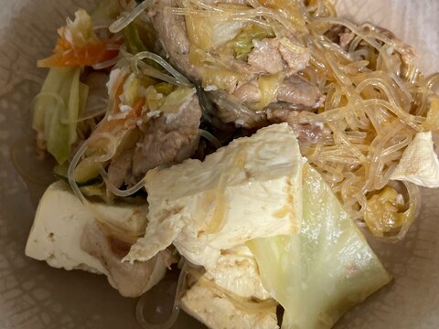 豚肉木綿豆腐キャベツ春雨の炒め物(すき焼きのたれ